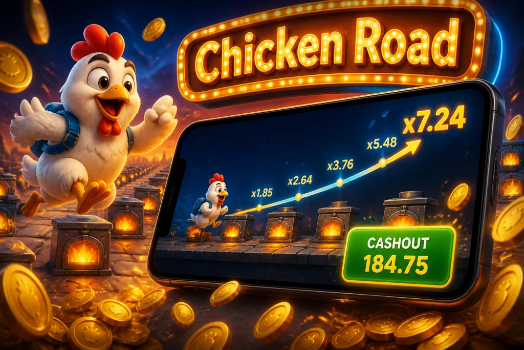 Chicken Road Runde mit steigender Multiplikator-Kurve und Cashout-Anzeige auf dem Smartphone-Display