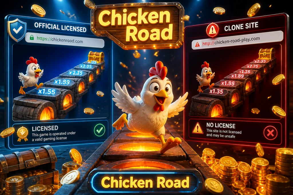 Vergleich einer echten lizenzierten Chicken-Road-Oberfläche mit einer nachgebauten Klon-Seite anhand von URL und Lizenzleiste