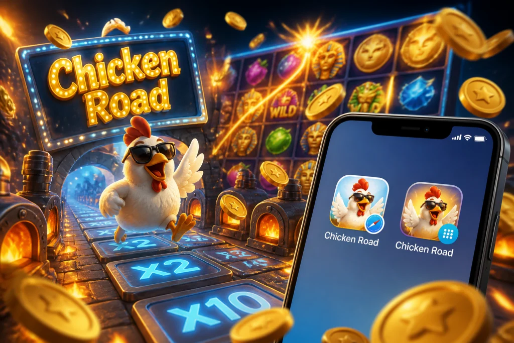 Vergleich von Browser und Web-App-Symbol für Chicken Road auf einem Smartphone-Startbildschirm