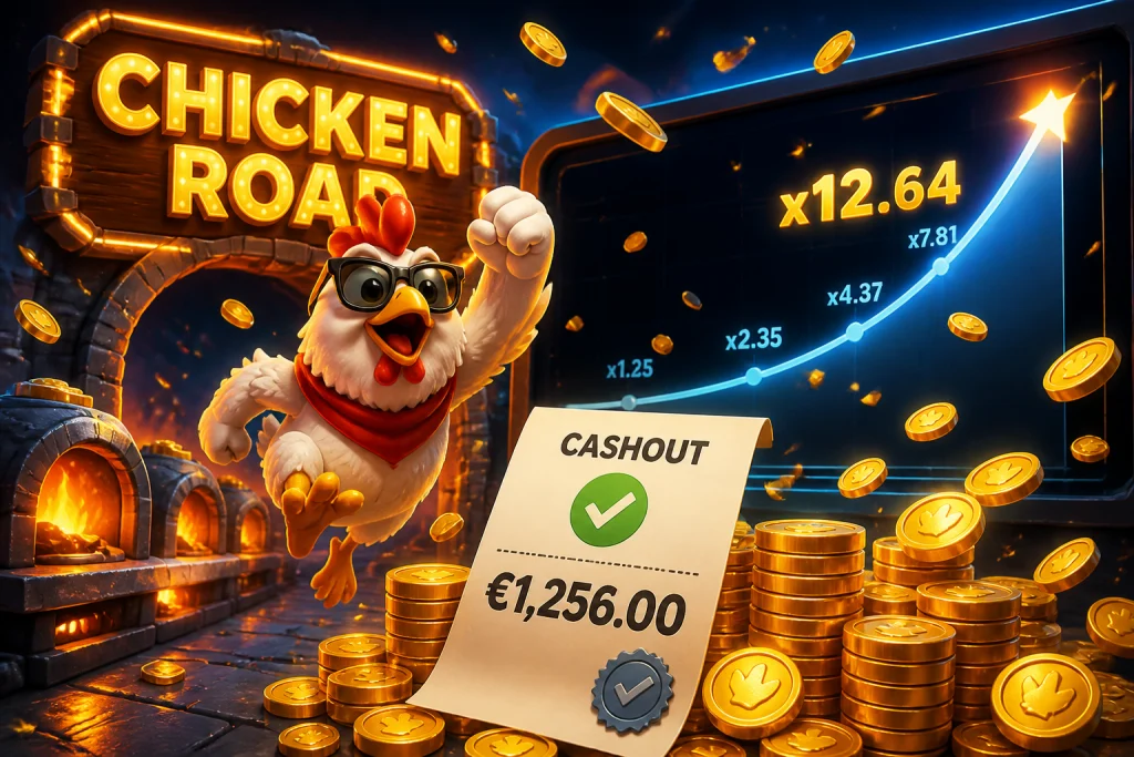 Auszahlungsbeleg mit Münzstapel neben einer steigenden Crash-Kurve und bestätigtem Cashout